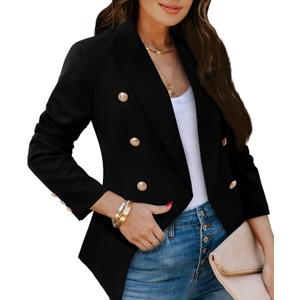 CRAZY GRID Womens Casual Blazer Jacket Gold Button Long Sleeve Work 0ffice Blazer Lapel Open Front Jacket (Large, 1-black)