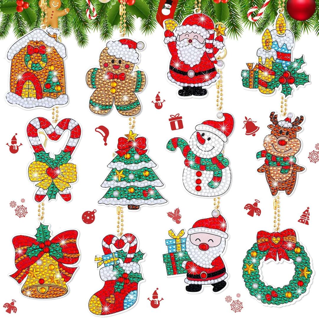 Key Chain Art Ornaments Keychains 5D Painting Round Drill Crystal Rhinestone Arts Craft Keychain for New Year Party Christmas Supplies
