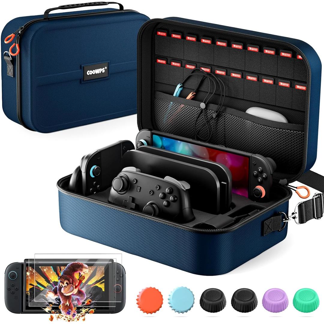 COOWPS for Nintendo Switch 2 Carrying Case Bundle, with 2-Pack Screen Protector, 6Pcs Thumb Grips, 20 Game Card Slots, Portable Travel Full Protection All In One Storage Case for Switch 2 Accessories