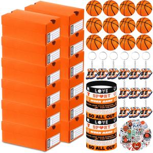 12 Sets Mini Sneaker Boxes for Party Favors Small Gift Case Mini Shoe Gifts Boxes with Editable Label Keychains Small Ball Bracelets Stickers for Sport Basketball Party Supplies (Orange)