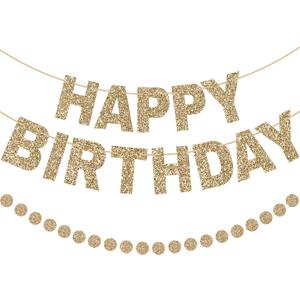 GCQQ Champagne Gold Happy Birthday Banner - Pre-Strung Glitter Gold 3M Pre-Strung Letter Banners + 2.5M Dot Garland Birthday Party Decorations for Women, Bridal Shower, Baby Shower & Anniversary