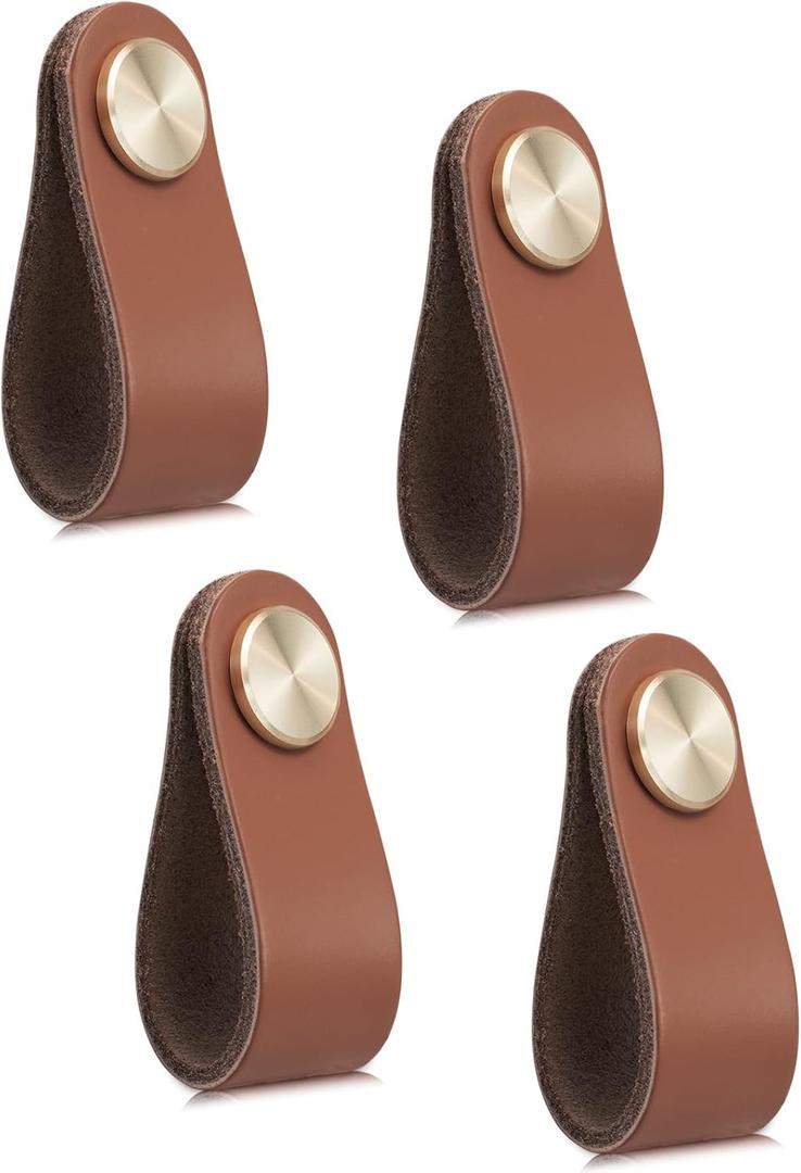 4 Pack Leather Drawer Pulls Light Coffee Cabinet Handles Single Hole Dresser Knobs Cabinet Door Handle, Faux Leather Pulls for Dresser, Closet, Kitchen Cupboard (Single Hole, Light Coffee)