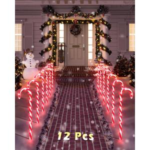 COOLWUFAN 12 Pack Christmas Candy Cane Pathway Markers, 22'' Candy Cane Christmas Decorations Pathway Lights Outdoor with 72 Warm Lights for Xmas Holiday Party Walkway Patio Garden Yard Lawn Decor