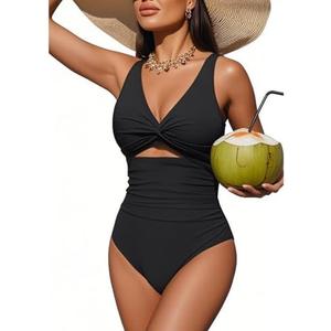 Tempt Me Women One Piece Swimsuits Tummy Control Cutout Bathing Suits Ruched V Neck Twist Front Swimwear Size S