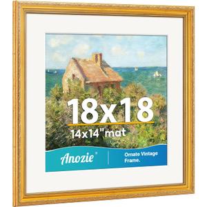 Vintage 18x18 Frame, Antique Gold Photo Frames with Plexiglass Front,Ornate Square 18x18 Picture Frame Display 14x14 with Mat or 18 x 18 Frame Without, Wall Dcor,1 Pack,Gold