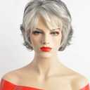 SEVENCOLORS Short Grey Wigs for White Women Layered Mixed Silver Curly Wigs with White Bangs Grandma Synthetic Hair Gray Wigs for Older Women