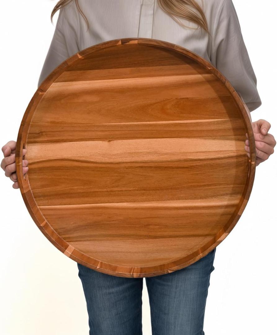 20" Extra Large Round Acacia Wood Serving Tray - Heavy Duty Ottoman & Coffee Table Organizer, Decorative Countertop Tray