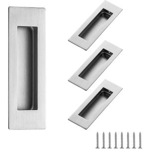 Ravinte 4 Pack Brushed Nickel Sliding Closet Door Handles Silver Flush Pulls 4.72in Length Recessed Finger Pulls for Sliding Barn Door Sqaure Cabinet Pulls Stainless Steel