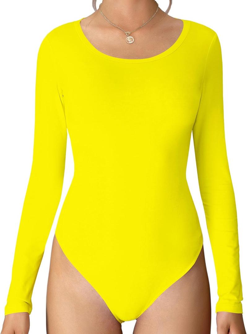 Women's Crew Neck Long Sleeve Cotton Bodysuit, Stretch Comfy Everyday Wear Bodysuit for Women