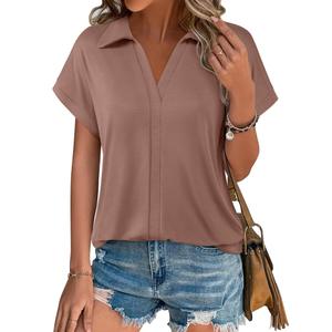 Vivilli Business Casual Tops for Women Ladies Collared Shirts Short Sleeve Tunic Blouses Summer Polo Tshirts 2022 Fashion Women's Office Clothes Flattering Tops Mocha M