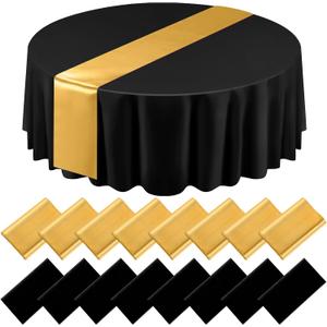 Tudomro 16 Pcs Black and Gold Round Plastic Tablecloth and Satin Table Runner Set 84 Inch Round Covers 12 x 108 Inch Table Runners for Christmas Wedding Birthday Party Baby Shower