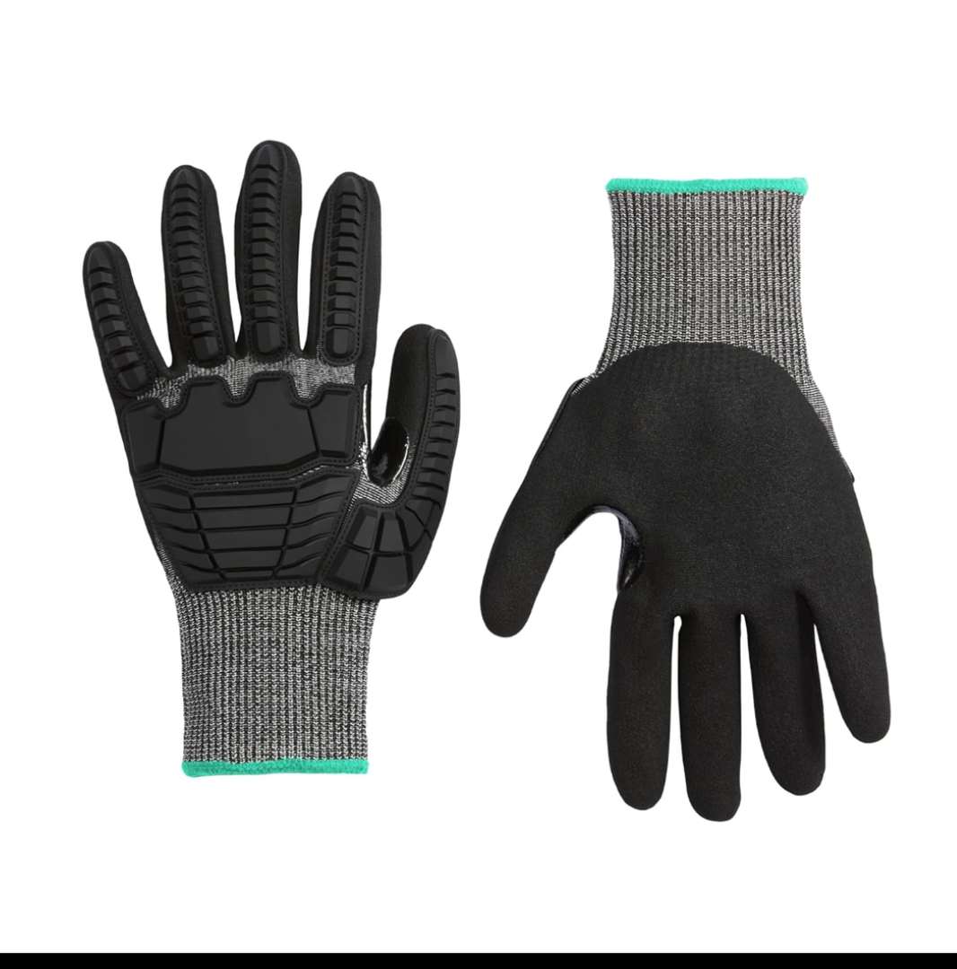 Amazon Basics 10 Pairs Impact Protection Gloves with Touch Screen Friendly 15G Sandy Nitrile Palm, Black, Size Large, 10 Count