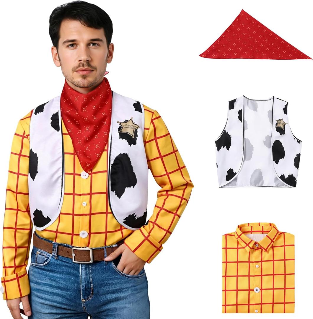 Cowboy Costume for Men with Yellow Plaid Button Down Shirt Men Cowboy Vest Cow Print Vest Halloween Western Outfit (XXL)