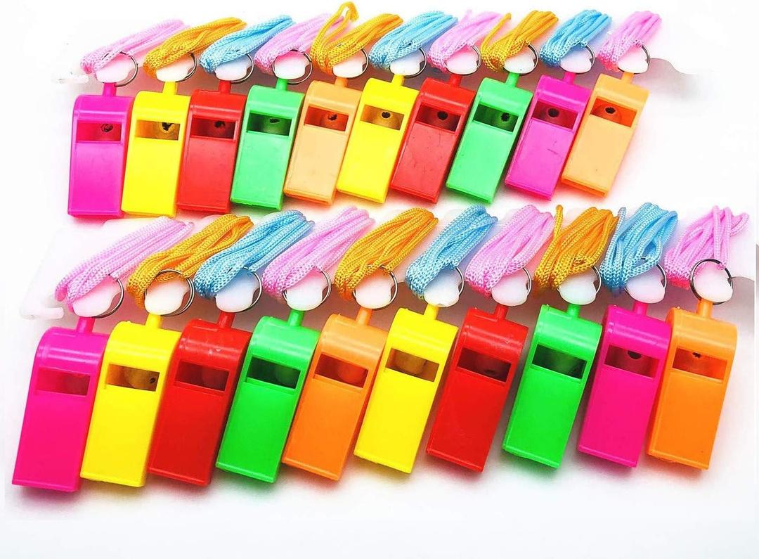 XMHF 20pcs Neon Plastic Colorful Whistle Necklace Loud Crisp Sound Coaches Referee Whistle with Lanyards for Football Sports Lifeguards Survival Emergency Training