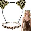 6 x Cheetah Leopard Ears Headband with Bell Choker- Leopard Print Cat Ears Headband for Cheetah Costume Women Adult, Halloween Party Cosplay Costumes Accessories