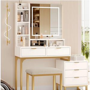 Makeup Vanity Desk with Mirror and Lights, Vanity Table with 5 Drawers, Vanity Set with Stool and Removable Side Storage Cabinet for Bedroom, White & Gold