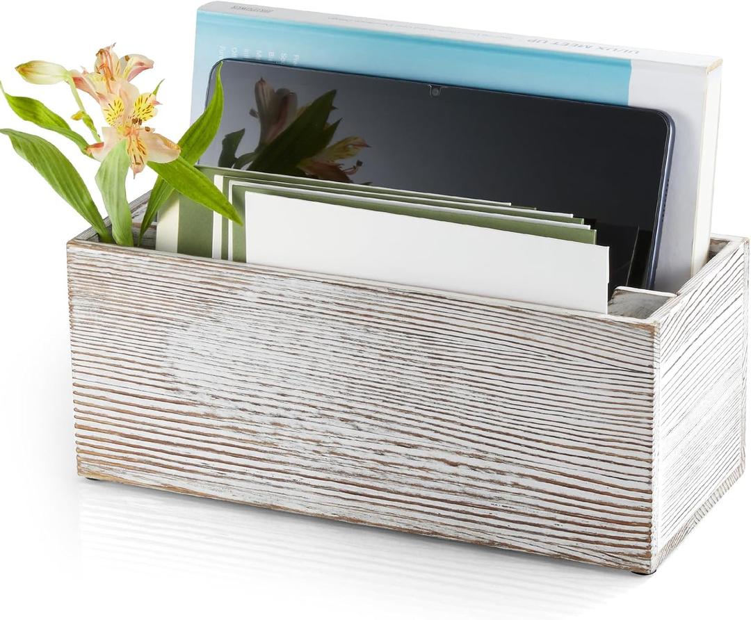 Mail Organizer countertop, Wood Mail Holder 2 Slots, Phone Box with Hidden Charging Port, White Wash Letter Holder, Desk Organizers & Accessories for Home Office Decor