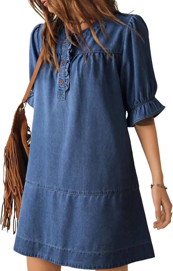 Dokotoo Women's Denim Dress 2026 Babydoll Dress Casual Ruffle Short Sleeve Button Jean Dresses (Large, Blue)