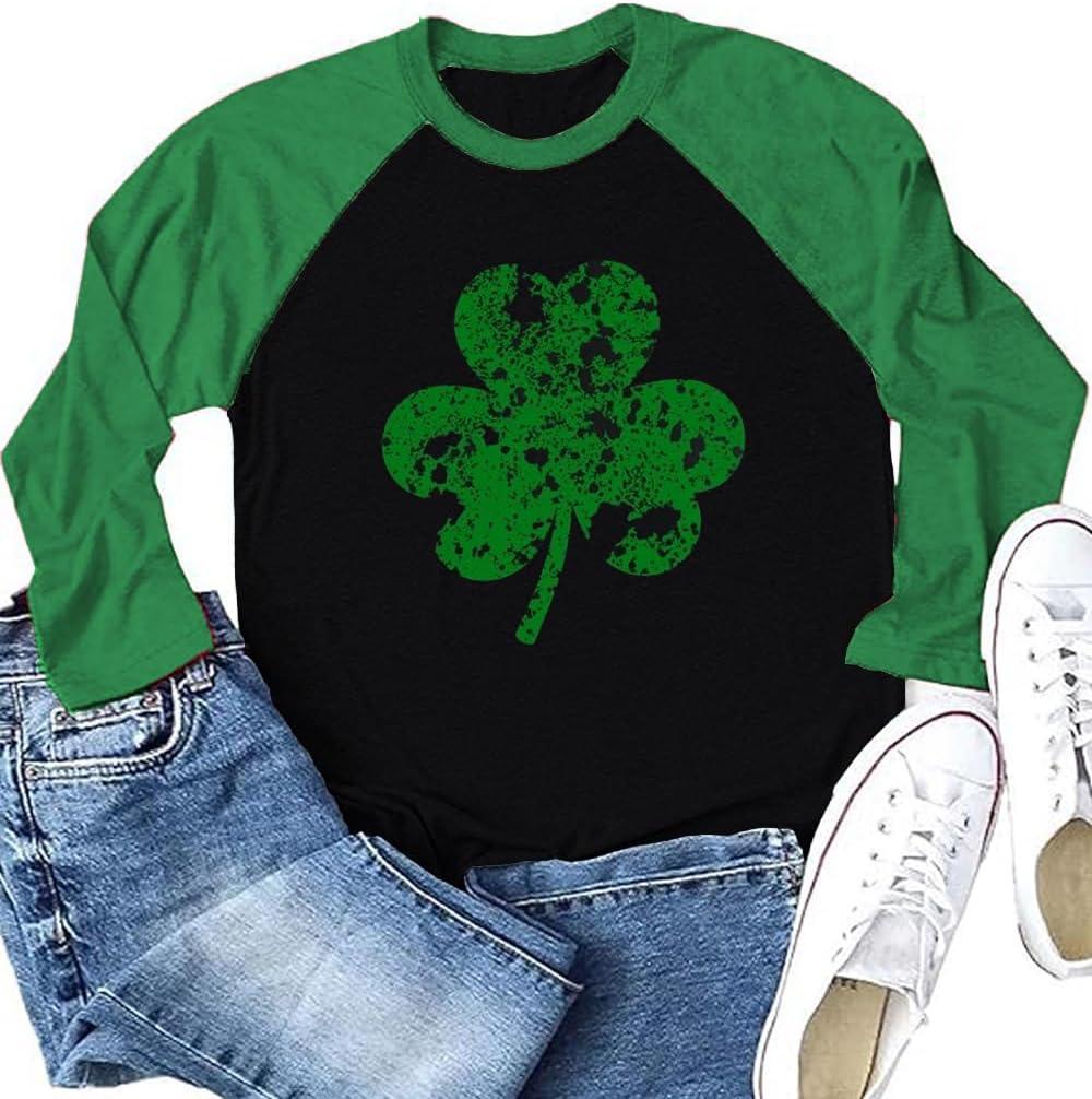 St. Patrick's Day Shirts for Women Raglan Long Sleeve Lucky Shamrock Graphic Irish Shirts Spring Casual Tops (Large, Cjx03bk)