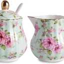 Ceramic Sugar and Creamer Set, 3 Piece Set with Cream Pitcher, Sugar Bowl, Sugar Set with Lid and Spoon (Green)