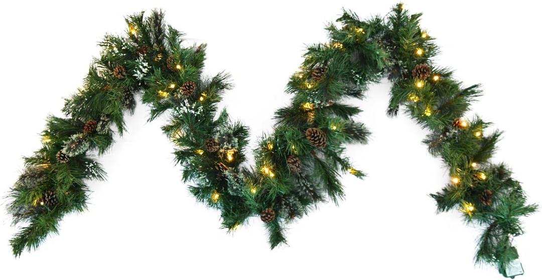 9ft X 10" Pre-lit Artificial Christmas Garland with Warm White LED Lights, 20 Natural Pine Cones, and 50 Warm White LED Lights - Battery Operated with Timer for Indoor and Outdoor Christmas Decor
