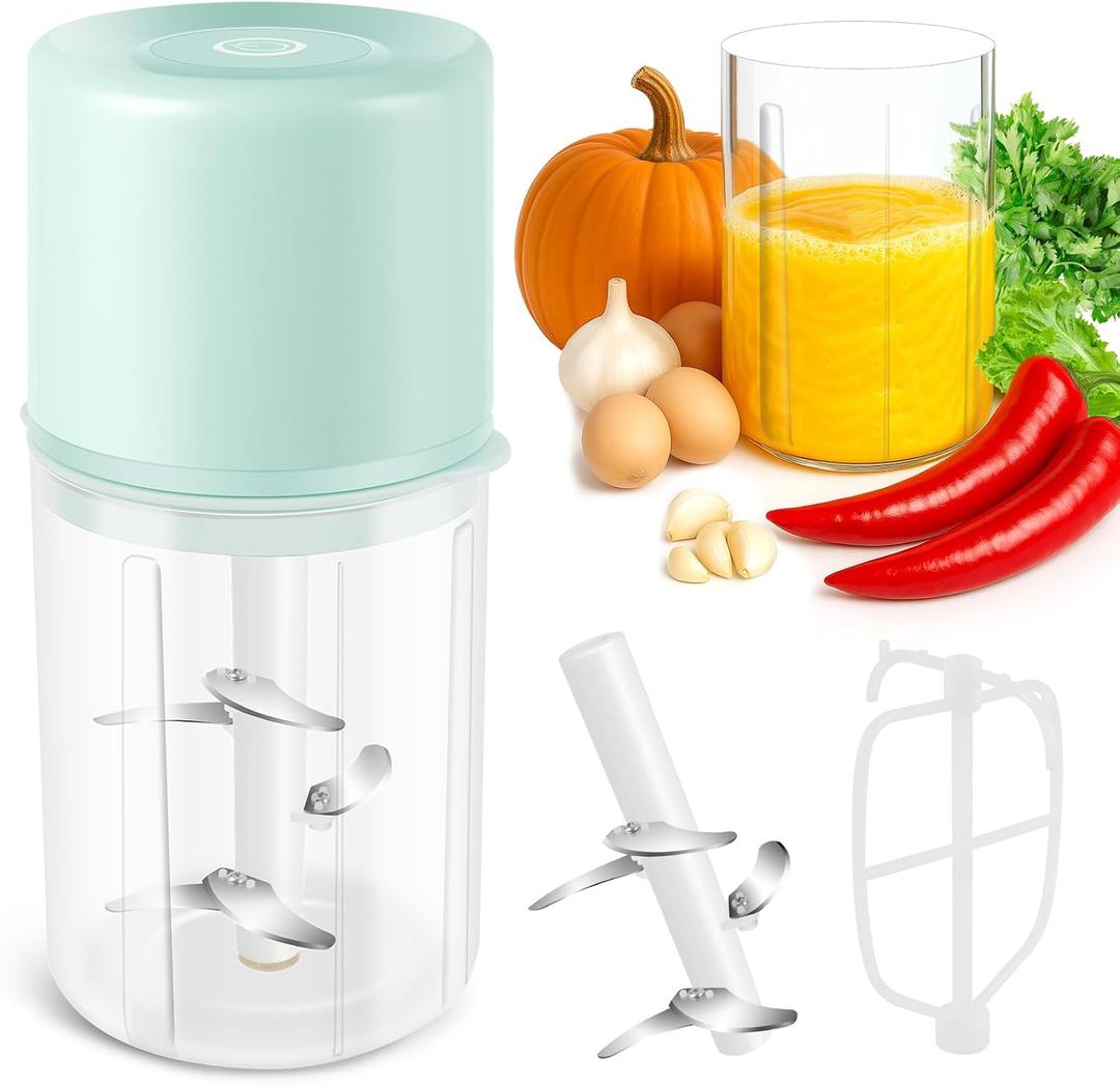 Electric Mini Food Chopper, Clear Container with Blue Lid, Compact Size (Green)