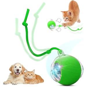 SilveWillo Interactive Electric Automatic Rolling Moving USB Rechargeable Self Activated Play Stimulation Toy Smart Chase Teaser Ball with Speedy Tail Rope for Bored Adult Indoor Cats and Dogs, Green