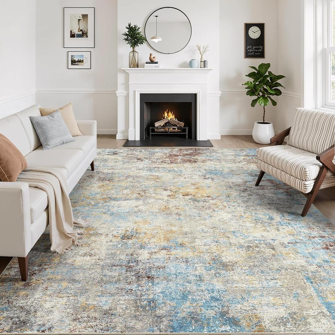 WITSHOCK 9x12 Area Rugs for Living Room : Machine Washable - Non Slip Modern Abstract Rug for Bedroom Under Dining - Stain Resistant for Household - Pet Owners (Multicolor) (Cream White/Gray-blue/Light Brown-red)