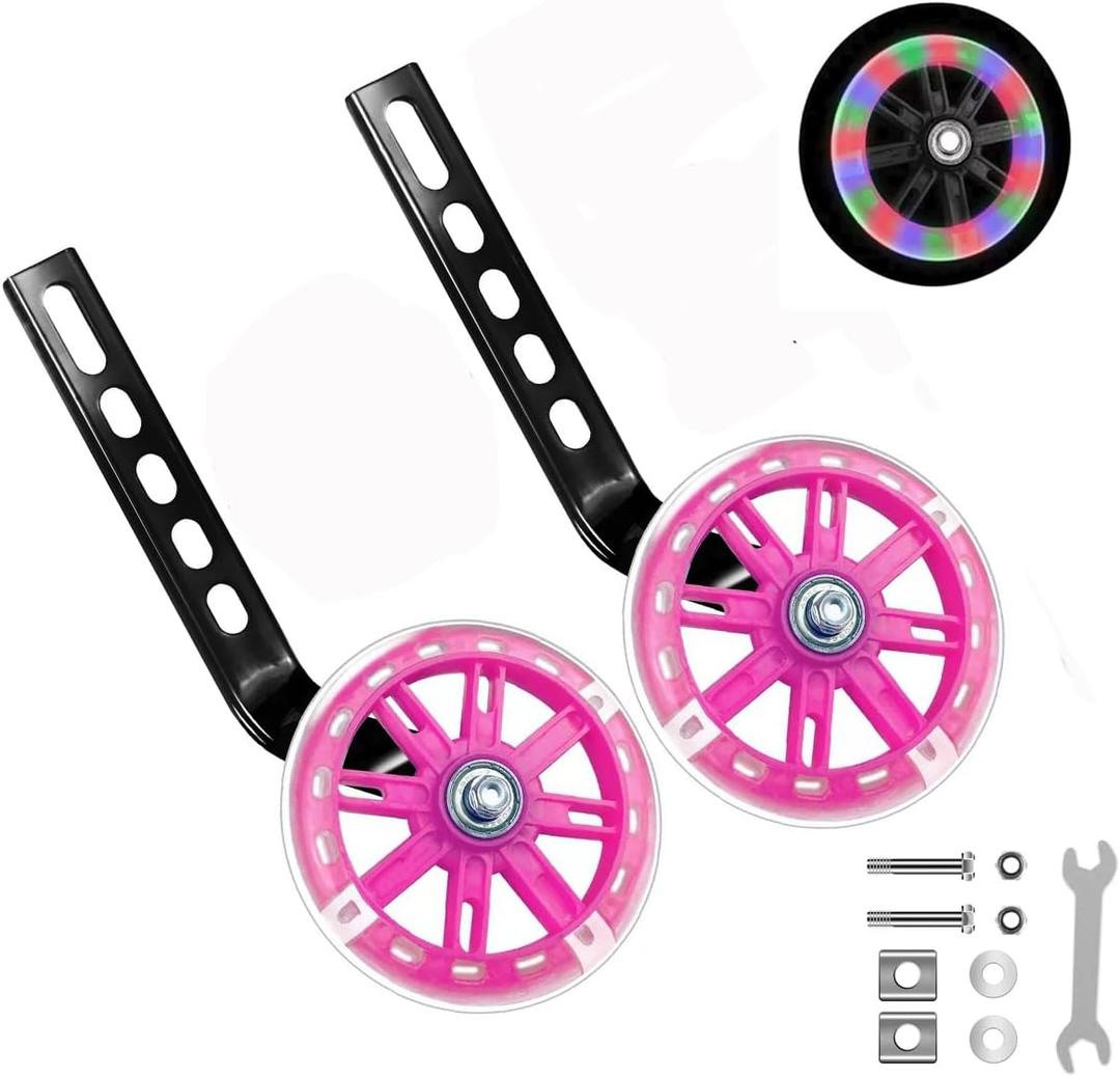 Bicycle Training Wheels, one Pair Flash Silent Training Wheels, Adjustable for 12-20 inch Single Speed Bikes (Pink)