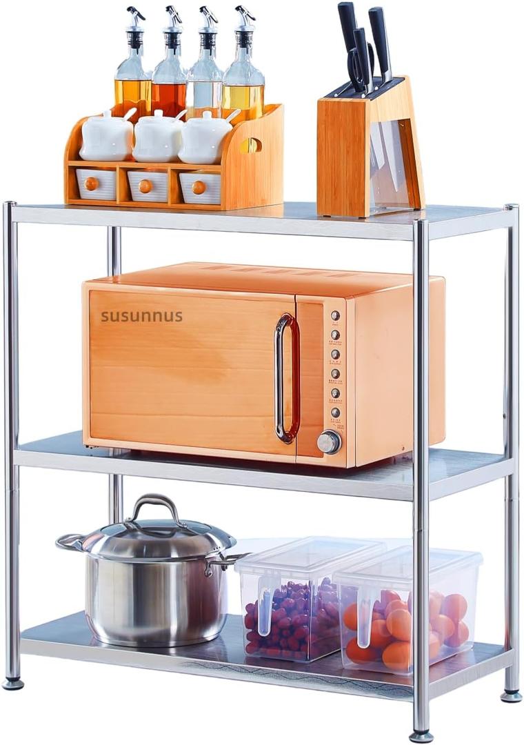 susunnus Stainless Steel Shelves 23.6in-3 Tier, Stainless Steel Shelf Organizer, Kitchen Storage Shelves, Artistic Texture, Pragmatic& Sturdy & Waterproof, 23.6in*13.8in-3t