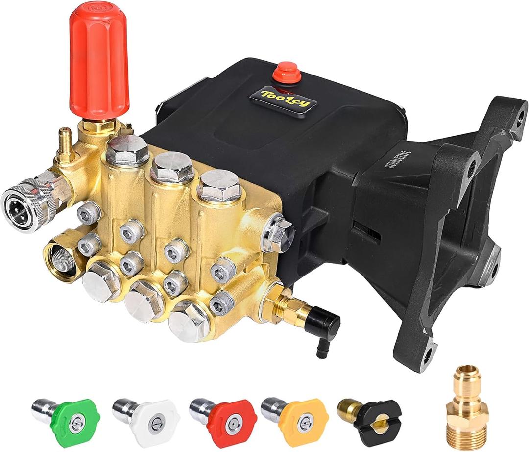 TOOLCY Pressure Washer Pump 3600-4200 PSI Max 4.4 GPM, 1 inch Shaft Horizontal Triplex Plunger Power Washer Pump Replacement, Direct Drive, with Unloader, 5 Nozzle Tips, 3/8" QC to M22-14mm Adapter