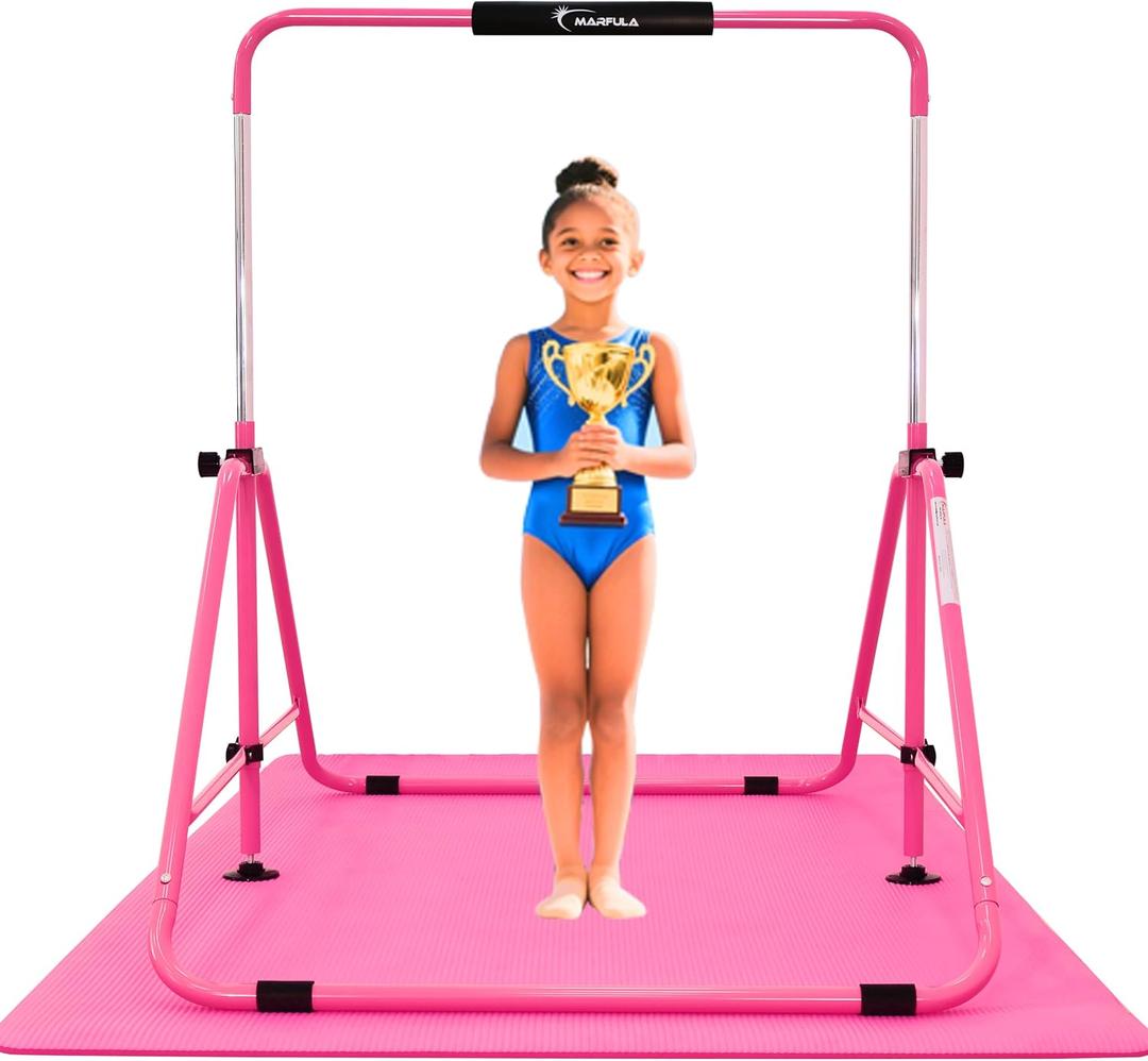 MARFULA Foldable Gymnastic Bar for Kids Ages 3-12, 9 Height Levels, 200 lbs Weight Capacity, 5 Ft Length Gymnastic Kip Bar with Mat, Gymnastic Equipment for Home and Gym Center Indoor Outdoor Use