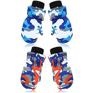 SATINIOR 2 Pairs Winter Kids Snow Mittens Unisex Waterproof Ski Mitten Winter Warm Gloves for Kids (5-10 Years, Blue, Orange)