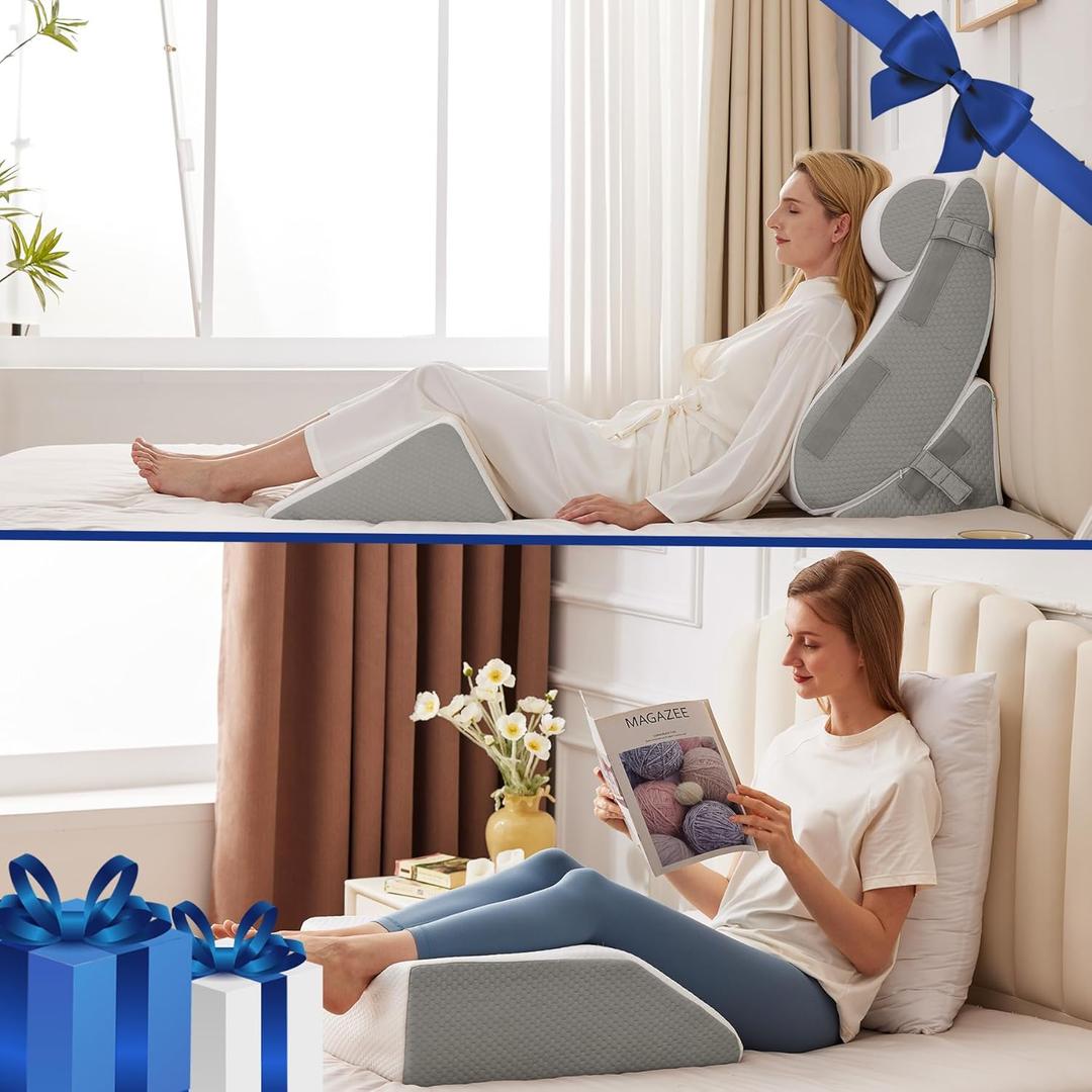 4PCS Wedge Pillow Set for After Surgery, Orthopedic Bed Wedge Pillow for Back Pain Relief, Sitting up in Bed,Recovery, Acid Reflux, Snoring, Body Pillow for Sleeping,Leg,Shoulder Support, White/Grey (4PCS Bed Wedge Pillow Set)