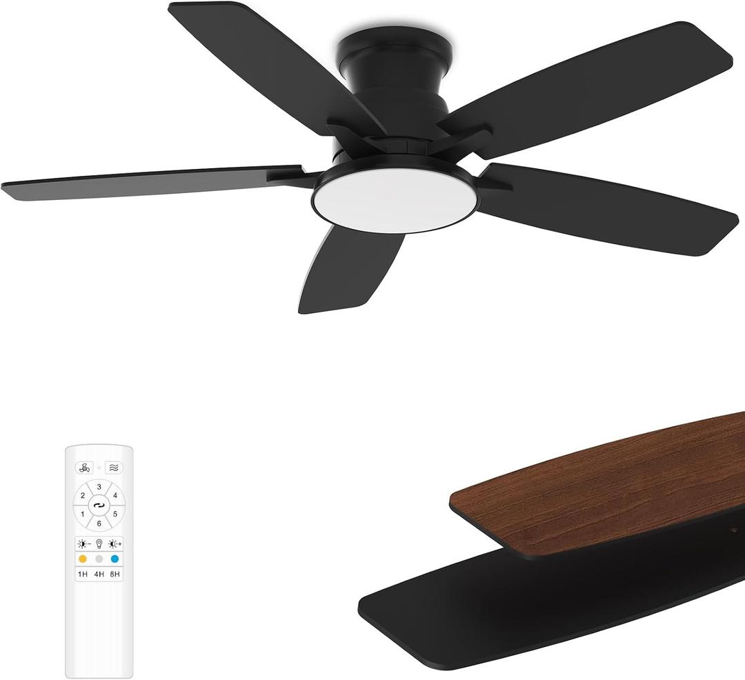 Flush Mount Ceiling Fan with Light, 42 Inch, Remote Control, 3CCT Dimmable LED, 6-Speed Silent Reversible DC Motor, Low Profile Hugger Ceiling Fan for Indoor/Outdoor 90-264V 50/60Hz Matte Black