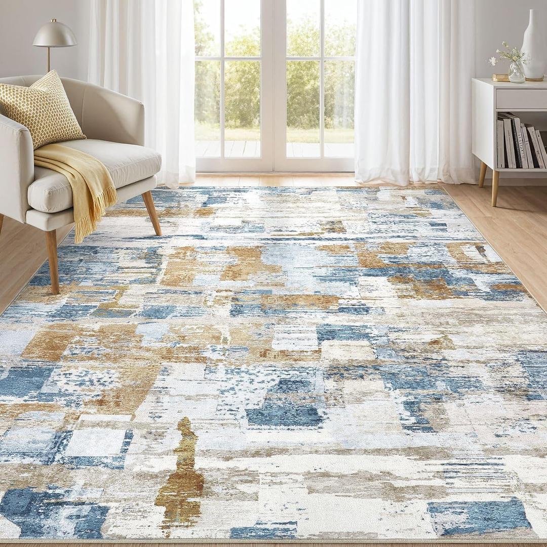Area Rug for Living Room: Washable Abstract Soft Rugs Non Slip Modern Stain Resistant Low Pile Carpet for Dining Room Bedroom Nursery Office (Multi Blue, 84×60in)