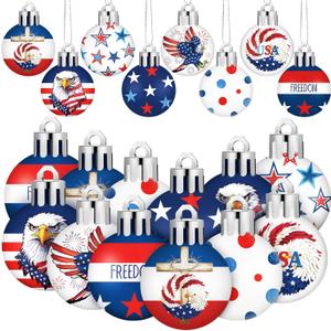HyDren 40 Pcs 4th of July Ornaments 1.2 Inch Mini Patriotic Tree Decorations 250th Anniversary Memorial Day Independence Day Ornaments Red White Blue Eagle Star Ball Decorations for Holiday Party