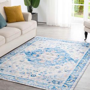 Syalife 10x14 Washable Area Rug, Ultra Soft Non-Slip, Low Pile, Stain Resistant Vintage Area Rug for Living Room, Boho Carpet for Bedroom, Dining Room, Office, Foldable Large Rugs, Blue/Multi
