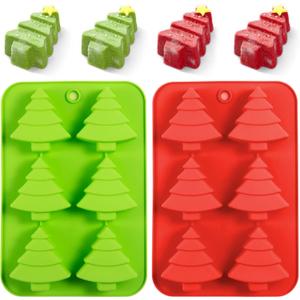 AnyDesign Christmas Silicone Molds Red Green Xmas Tree Candy Chocolate Mould Christmas Non-Stick Fondant Baking Mold for Handmade Soap Pudding Jelly Ice Cube Tray Cake Cupcake Topper Decor, 2Pcs