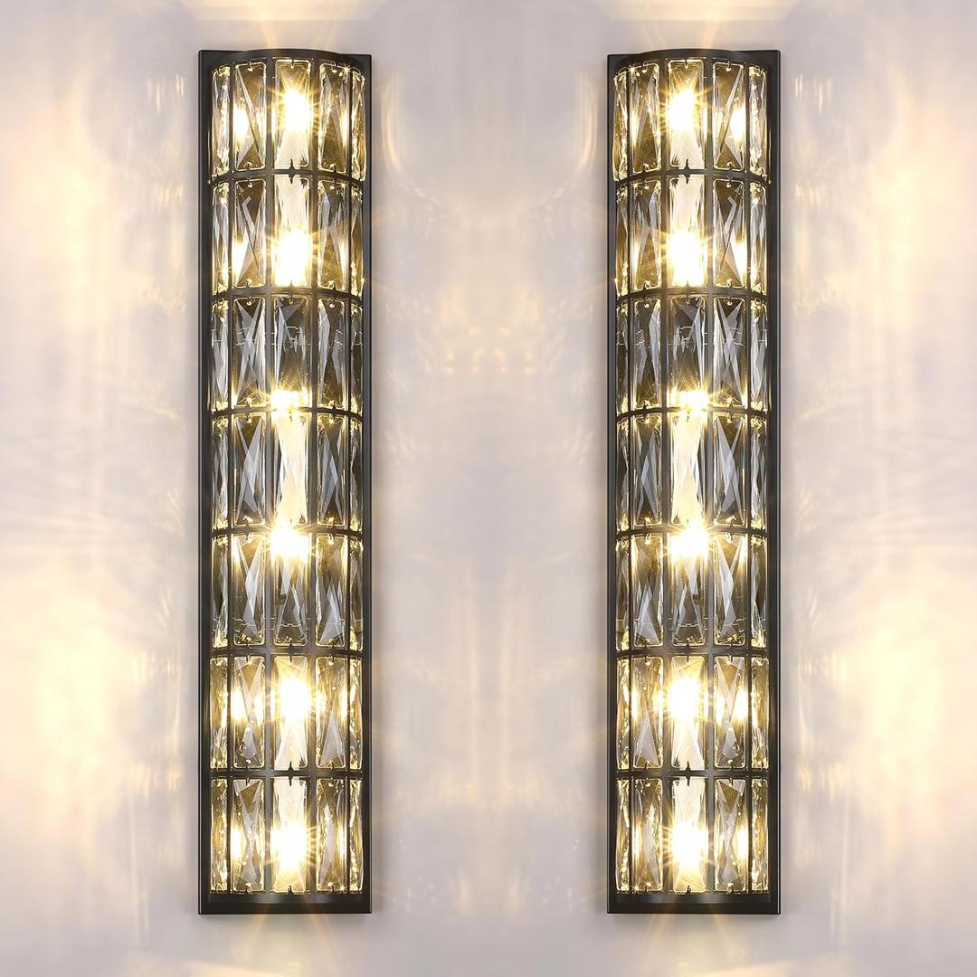 2 Pack 6 Light Modern Concise 30.4" Polyhedral Crystal Shade Wall Sconce Light Fixtures,Black Finish for Bathroom,Bedroom Living Room Bedside G9 Base