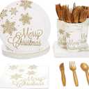 Juvale 144 Piece Merry Christmas Party Plates, Napkins, Cups, Cutlery, Gold Snowflakes Design (Serves 24) - Christmas Paper Plates And Napkins