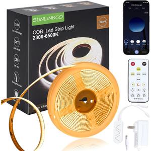 COB LED Strip Light 16.4ft, Dimmable 2300K-6500K White CCT Tunable, DC 24V Cuttable LED Tape Light, High Density 3040 LED 36W CRI 90, APP Remote Control, Music Mode, For Home DIY, Living Room, Bedroom