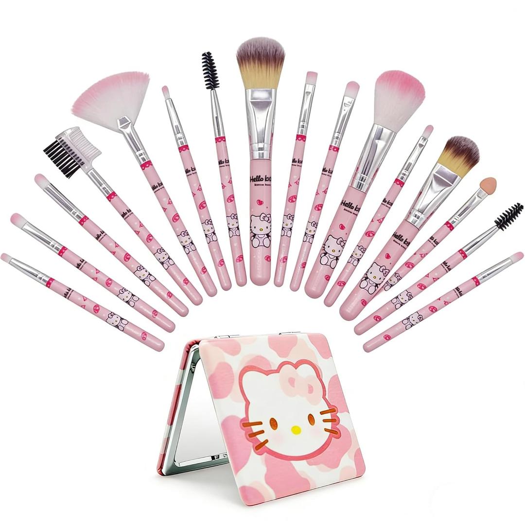 Kawaii Cat 12PCS Makeup Brushes with A Mirror, Cartoon Cosmetic Makeup Brush Set Professional Tool Kit Set Brush Set Best Gift for Girl Women