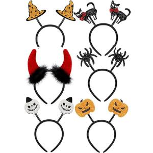 Aodaer 6 Pack Halloween Glitter Headband Witch Hat Pumpkin Devil Horns Hair Accessories Bat Spider Headpiece for Halloween Party Supplies Costume Cosplay Favors