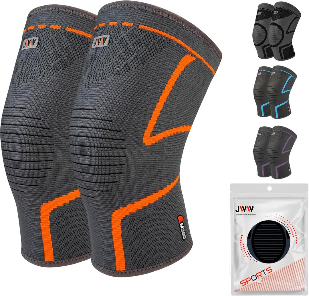 JWW Knee Compression Sleeve 2 Pack for Men and Women, Knee Brace for Knee Pain Relief, Comfortable Support for Running, Workout Sports and Daily Wear, Meniscus, ACL and Arthritis Recovery (Orange, M)