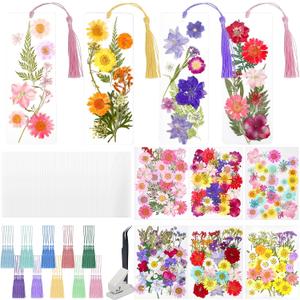 344 Pcs Pressed Flower Bookmark Making Kit, 50 Laminating Pouches with 242 Dried Flowers, 50 Tassels, Tweezer and Punch, Party DIY Crafts Bookmark for Reading Women Kids