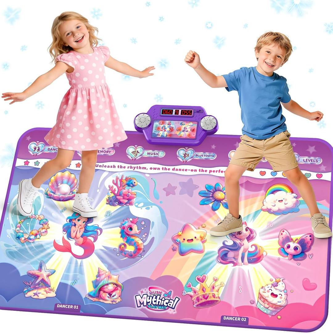 Dance Mat, Dance Pad Toy with LED Lights, 2 Players Unicorn Dance Pad for Kids, Birthday Party Game Music Princess Gift Ideas for Girls 3-12