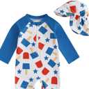 Toddler Boy 4th of July Swimsuit Popsicle/Star/Plaid Print Rashguard Sun Protection One Piece Zipper Bathing Suit (3-6 Months, White)