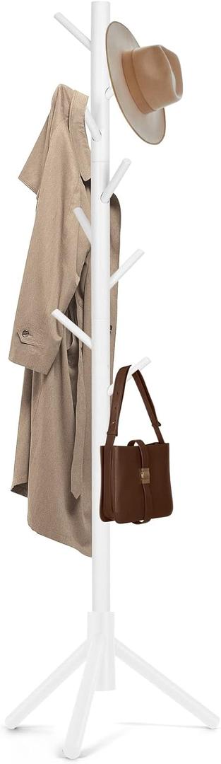 Wooden Coat Rack Freestanding with 8 Hooks & 3 Adjustable Sizes for Clothes, Space-Saving Design for Bedroom Office Entrance Holds Hats Coats Scarves Bags (1 Pc, White)
