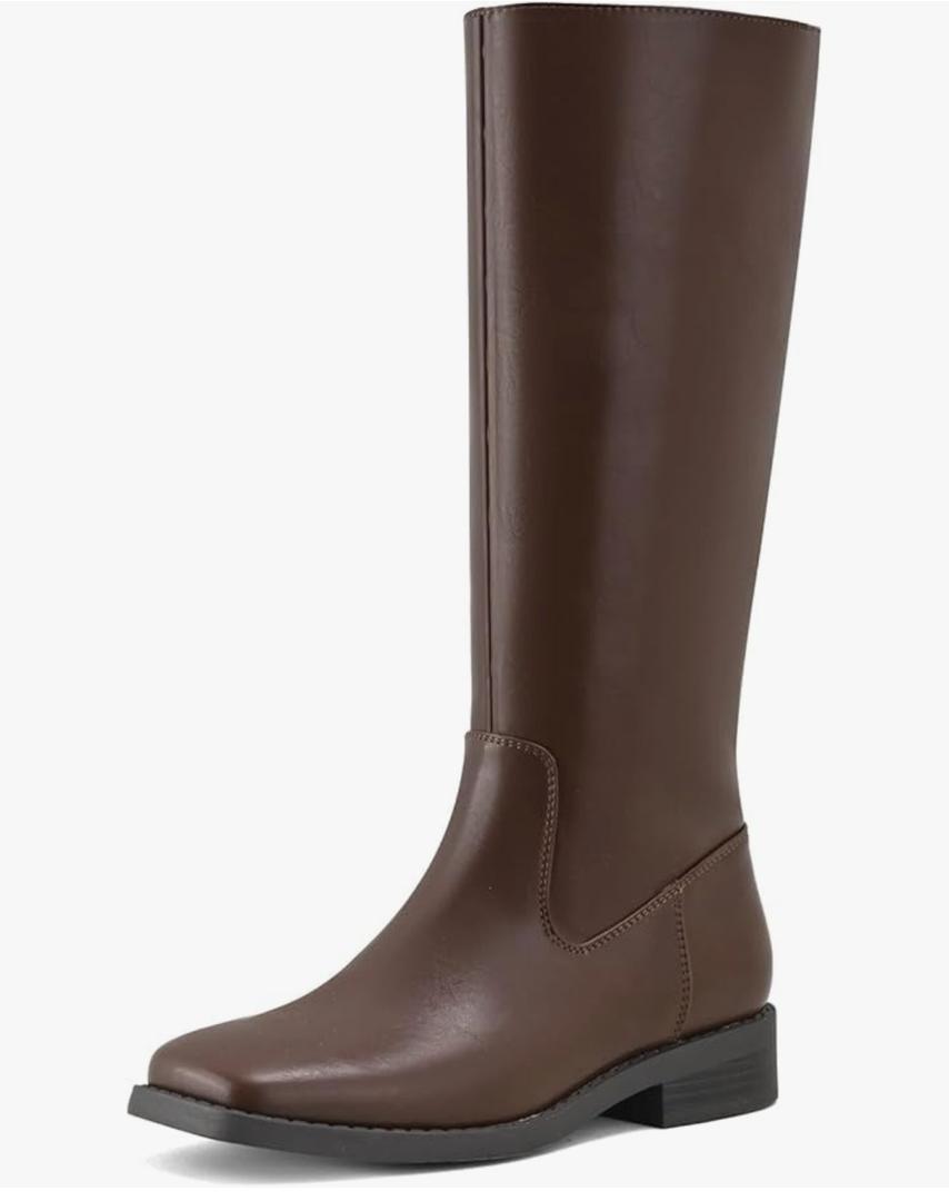 Shoe'N Tale Knee High Boots for Women Block Low Heel Stretchy Square Toe with Side Zipper Fall and Winter Fashion Comfortable Boots Brown, 6